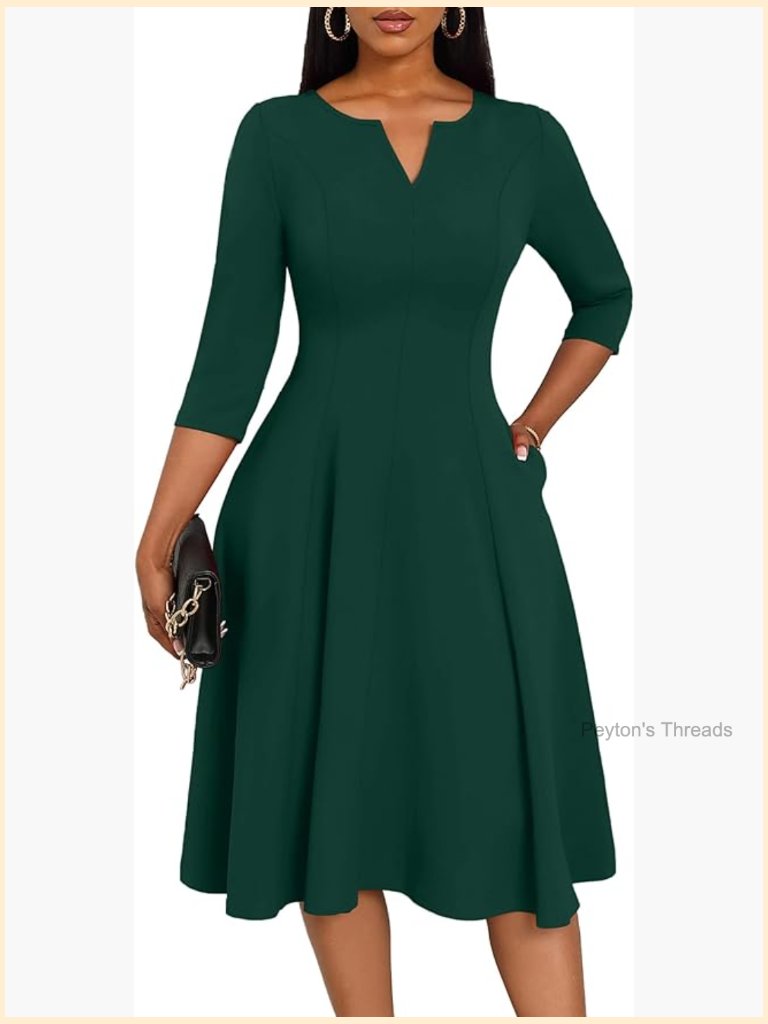 Women's A-Line Midi Dress 3/4 Sleeve V-Neck Fit & Flare With Pockets